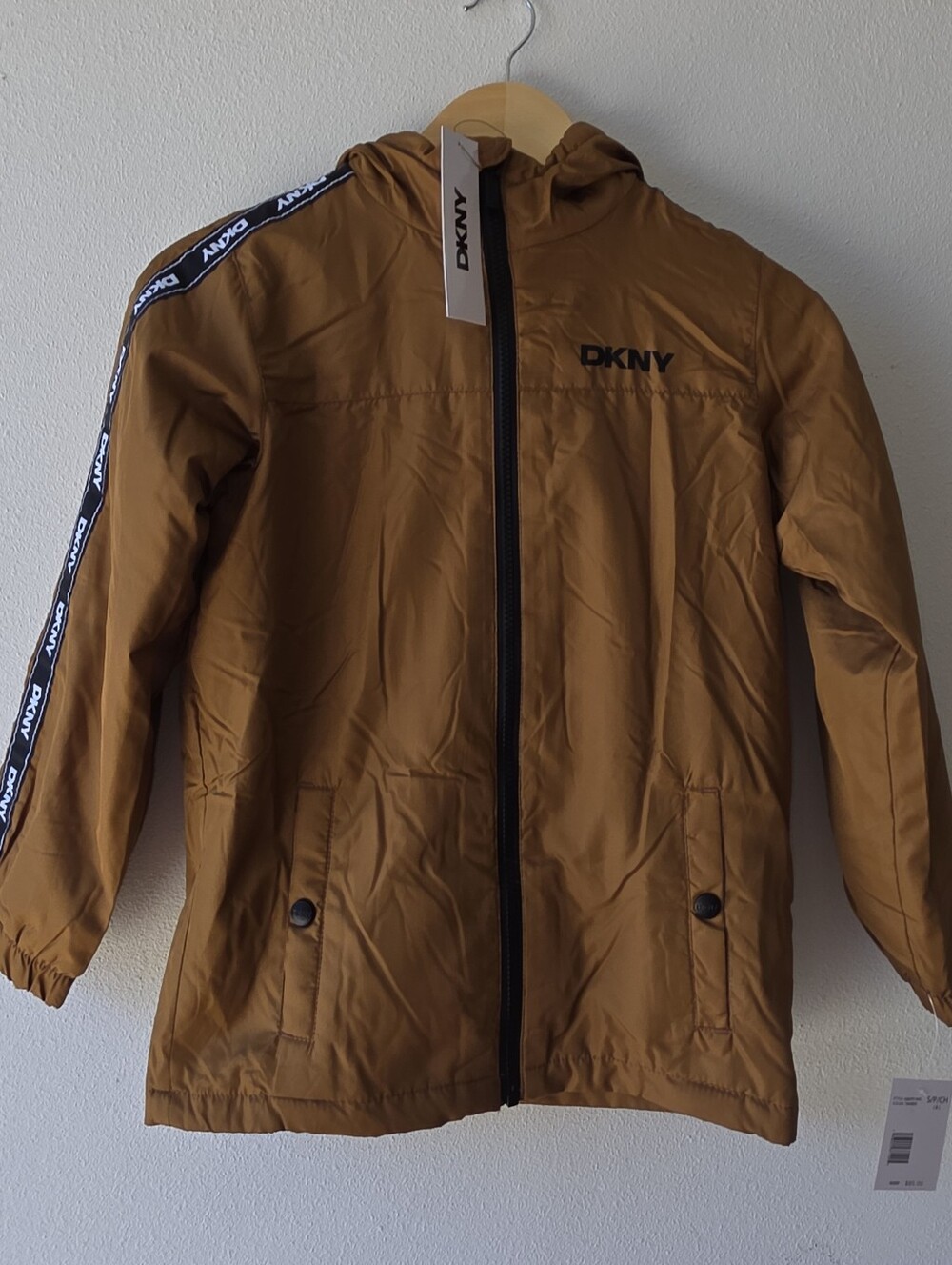 DKNY Kids Hooded Lightweight Jacket in Timber with Logo, Size 8